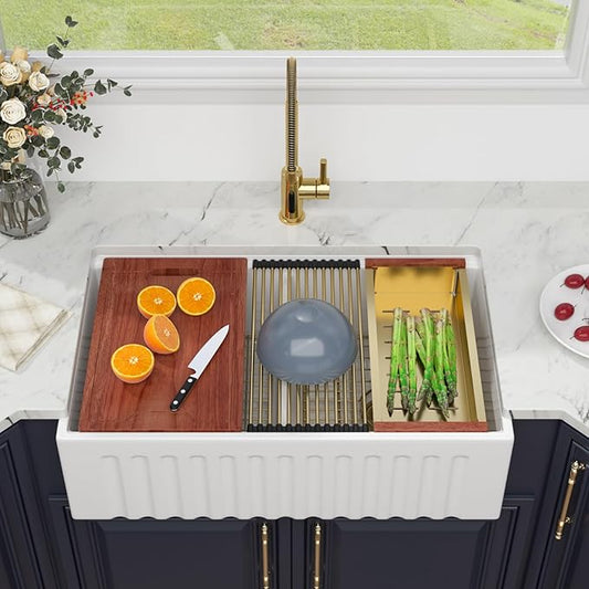 33 White Farmhouse Sink Double Bowl- Kichae 33 x 20 Inch Farmhouse Kitchen Sink Ledge Workstation Apron Front Ceramic Porcelain Single Bowl with Gold Accessories
