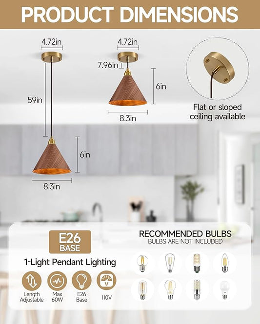 1 Pack Wood Pendant Lights Kitchen Island, 8.3” Modern Pendant Light, Adjustable Height Brushed Gold Hanging Light Fixtures, Island Lights for Dining Room, Bedroom, Hallway, Bar(Walnut)