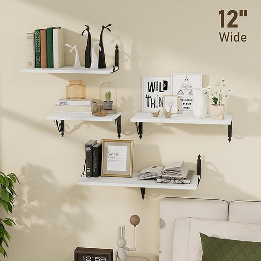 Dreamland Deep Floating Shelves, 40" W x 12" D Wall Shelves Set of 2, Wide Display Shelf Wall Mounted with Brackets, Bookshelf for Living Room, Bathroom, Bedroom, White