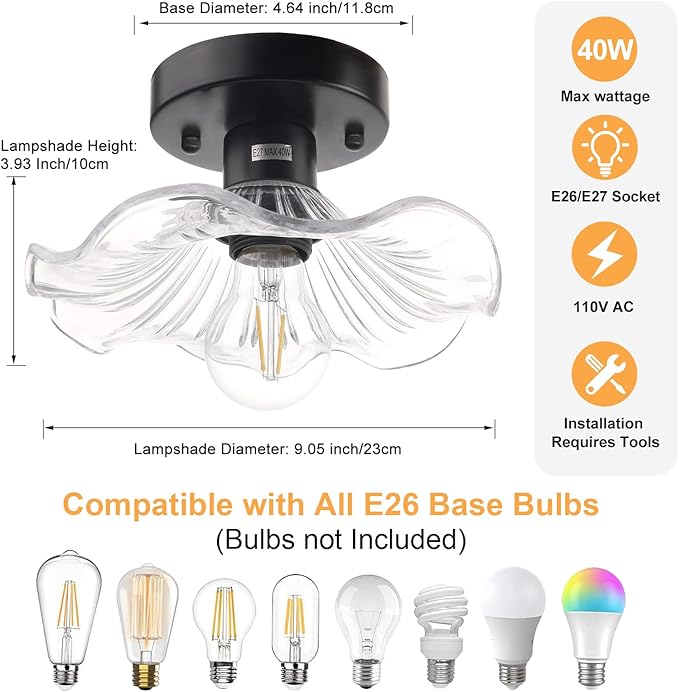 Shenmoyl Semi Flush Mount Light, Black Hallway Vintage Fixture With Clear Lotus Glass, 4.72" Base Modern Ceiling Light for Bathroom Porch Kitchen Bedroom