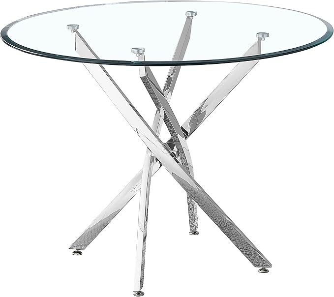 Modern Glass Dining Table Round Dining Room Table with Tempered Glass Top, Silver Stainless Steel Base Home Office Kitchen Dining Room Table Furniture, 36" D x 36" W x 30" H