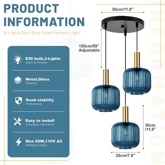 3-Light Modern Industrial Pendant Light Fixture, Adjustable Hanging Chandelier with Blue Striped Glass Shades for Kitchen Island, Dining Room, Bedroom, Black & Gold Metal Ceiling Light