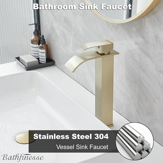 Vessel Sink Faucet Brushed Gold Waterfall Spout Faucet for Bathroom Sink Tall Single Handle One Hole Deck Mount Bowl Vanity Sink Taps with Pop-up Drain Stopper