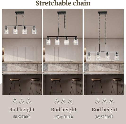 FRIXCHUR Black Kitchen Island Lighting, 4-Lights Linear Chandelier Pendant Light with Clear Glass Shade, Height Adjustable Industrial Chandelier Pendant Light for Kitchen Island Dining Room
