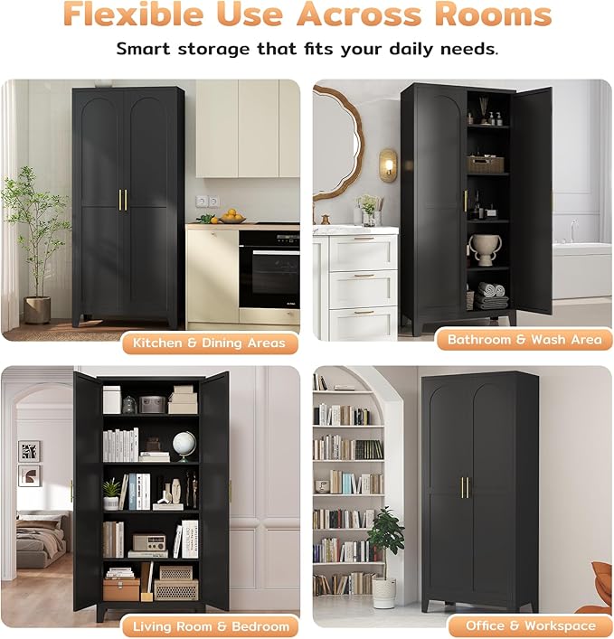 Zevemomo 70.87" H Metal Kitchen Pantry Cabinet, Freestanding Cupboard with 2 Doors and 4 Adjustable Shelves, Tall Metal Storage Cabinet for Kitchen, Bathroom, Dinning Room or Laundry Room (Black)