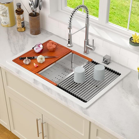 Dcolora 33 In. Quartz Drop In Kitchen Sink, White Workstation Single Bowl Topmount Sink, Granite Composite Build, 33" X 22" X 10" #DC-0002GWT