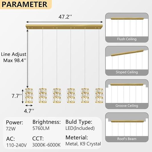 6-Lights Rectangle Modern Crystal Pendant Lights for Kitchen Island LED Dimmable Glam Pendant Lighting Chandelier for Dining Room Hallway Corner Lamp Gold