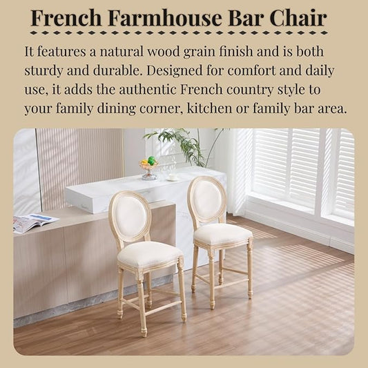 French Country Upholstered Bar Stools Set of Two, Natural Rattan Round Backrest, Solid Wood Frame with Carving and Wire Drawing Techniques, Vintage Dining Chairs for Kitchen Island (Beige B)