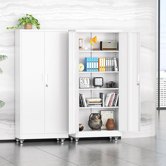 INTERGREAT Metal Garage Storage Cabinet with Wheels, Rolling Storage Cabinet with Locking Doors and 4 Adjustable Shelves,- 73" Steel Tool Cabinet for Home Office,Garage,Warehouse,White