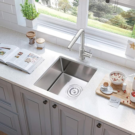 15 Inch Undermount Bar Sink, 15x17 Stainless Steel Small Wet Bar Sink 16 Gauge Handmade Prep Sink Single Bowl Small RV Kitchen Prep Sink with Strainer