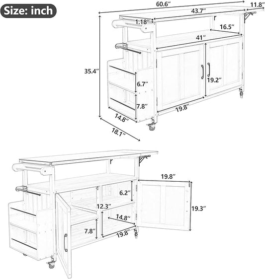 MERITLINE Foldable Outdoor Kitchen Island with Stainless Steel Top & Fir Wood Frame, Adjustable Hidden Shelf & Two-Tier Rack, Lockable Casters for Patio, Garden, Balcony, White