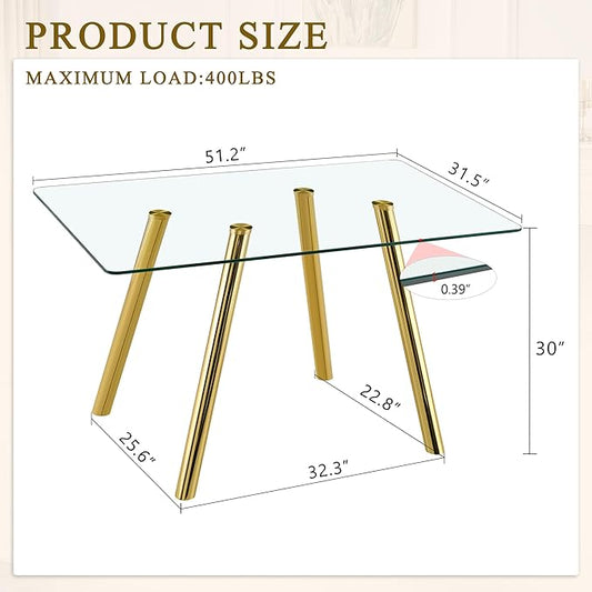 51.2'' Modern Glass Dining Table for 4-6, Rectangular Dining Room Table with Gold Metal Legs, Clear Tempered Glass Top Dining Table for 4, Space-Saving Dinner Kitchen Table for 4, 400lbs Load