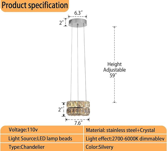 Led Ring Crystal Chandelier, Modern Dimmable Chandeliers Lighting and Hanging Adjustable, LED Round Ceiling Light Fixtures for Dining Room Living Room 7.8'' Silver