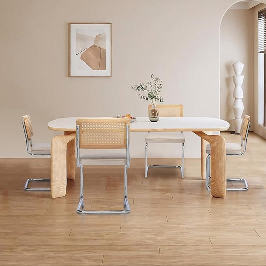 Rattan Back Velvet Dining Chair Set of 4 Modern Breuer Designed Stainless Chrome Base Armless Upholstered Dining Chair for Dining Room, Kitchen Island(Beige)