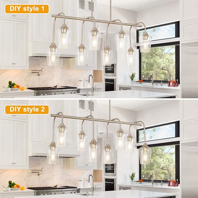 Dining Room Light Fixture/Chandelier Over Table (38inch, 8-Light), Brushed Nickel Kitchen Island Lighting with Clear Glass Shade, Modern Hanging Pendant Lights Fixture for Kitchen Island, Dining Room
