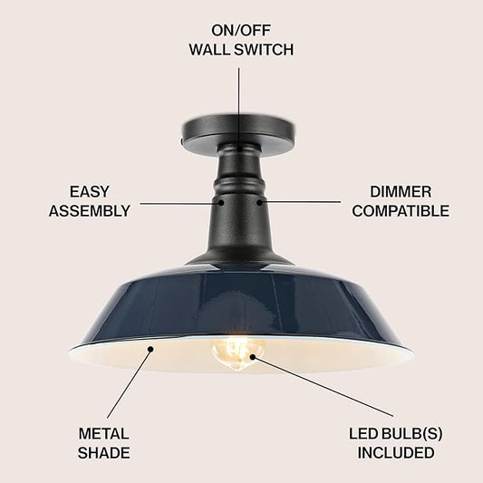 JONATHAN Y 14" Navy/Black 1-Light Industrial LED Semi Flush Mount Ceiling Light for Porch, Kitchen, Entryway, Modern Farmhouse Iron Fixture, White Metal Shade, LED Bulb Included (JYL7617C)