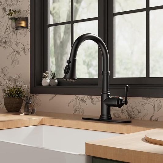 FORIOUS Antique Black Kitchen Faucets with Pull Down Sprayer, 3 in 1 Stainless Steel High Arc Single Handle Sink Faucet for Farmhouse Camper Rv Bar, Fit for 1 or 3 Hole