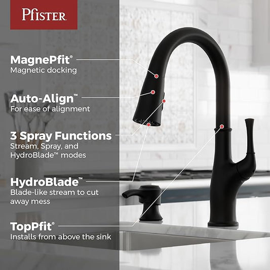 Pfister Alderwood Kitchen Faucet with Pull Down Sprayer and Soap Dispenser, Single Handle, NSF Certified, Matte Black Finish, F5297AWB