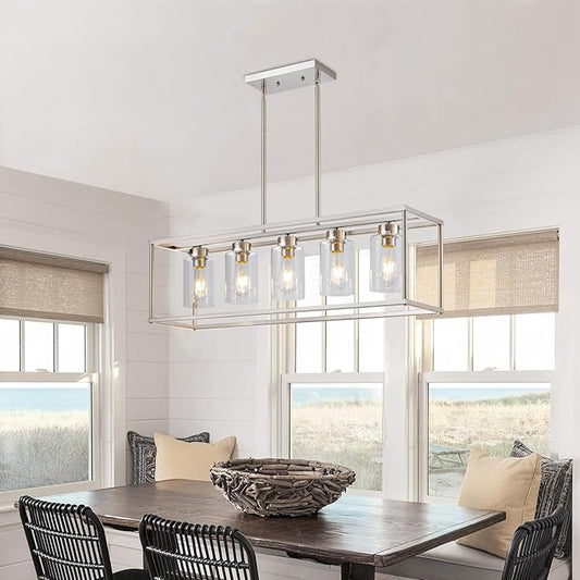 5 Light Dining Room Light Fixture Rectangular Modern Farmhouse Chandelier Brushed Nickel Linear Hanging Pendant Lighting Rectangle for Kitchen Living Room Adjustable Height with Glass Shade