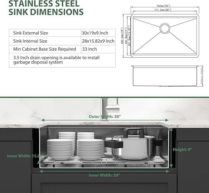 Black Undermount Kitchen Sink 30 Inch Stainless Steel Workstation Kitchen Sinks Single Bowl Gunmetal Black Nano PVD 16 Gague Handmade Large Deep Sinks, 30"x19"x9"