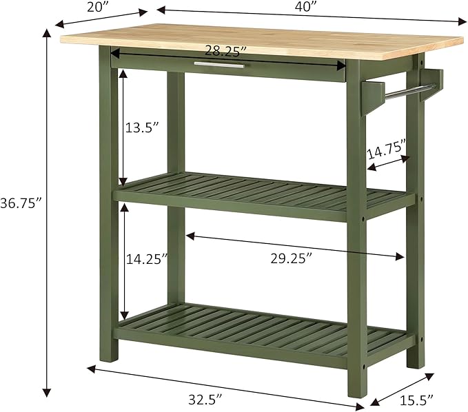 Convenience Concepts Designs2Go 3 Tier Butcher Block Kitchen Prep Island 40" - 3 Tier Modern Cooking Cart with Drawer, Food Serving Station for Kitchen, Dining Room, Dark Green Sage