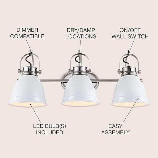 JONATHAN Y 25.5" White/Nickel 3-Light LED Vanity Light, Adjustable Wall Sconce for Bathroom Mirror, Farmhouse Bohemian Kitchen Light, Iron Black Bell Shade (JYL1116B)