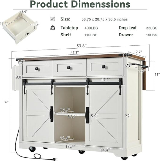 Merax 53.7" Kitchen Cart Island on Wheels with Power Outlet,Drop Leaf and 2 Sliding Barn Door,Farmhouse Style Storage Cabinet for Dining Room