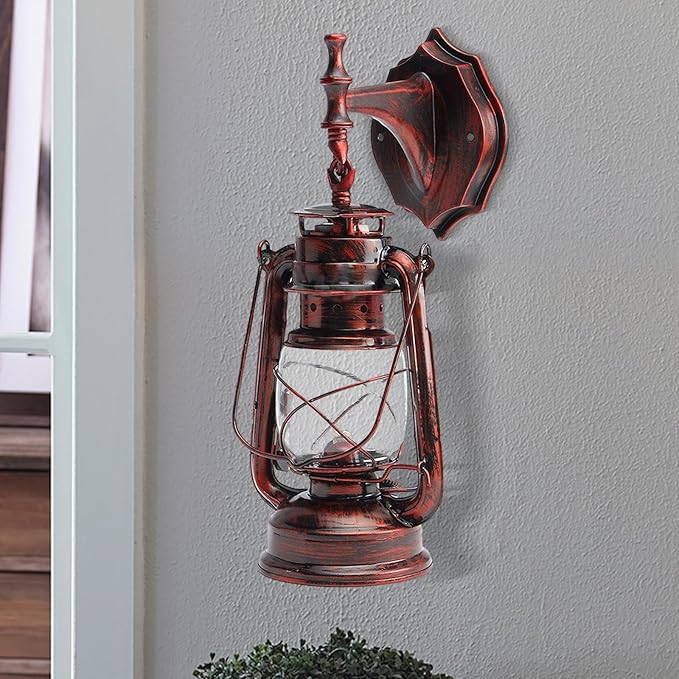 Retro Antique Vintage Rustic Wall Sconce, Lighting Lantern Mounted Light with Glass Indoor Light Fixture, Cabin Decor Lampshade for Hallway Farmhouse Loft (Red Bronze Coloured)