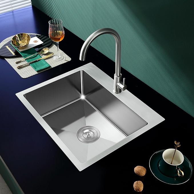 23 Inch Brushed Drop in Kitchen Sink-TSIBOMU 18 Gauge Satinless Steel Topmount Single Bowl Single Hole Kitchen Sink, 9 inch Deep Bowl Basin Sink, D23"xW18"xH9"