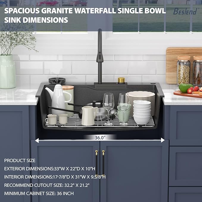 33 Inch Drop-In Kitchen Sink - Beslend 33x22 Black Granite Composite Drop In Workstation Sink Topmount Sinks with Integrated Waterfall Faucet & Glass Rinser - Non-Splash, Easy Clean