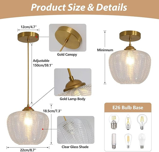 KCO Lighting Clear Glass Pendant Lights Kitchen Island Light Fixture Vintage Ribbed Glass Ceiling Light Antique Brass Pendant Light Gold Globe Pendant Light Fixture