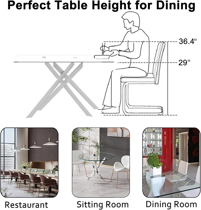 51.2'' Glass Dining Table for 4, Rectangular Dining Room Table for 4, X-Shape Silver Metal Legs, Kitchen Dining Room Living Room Glass Top Kitchen Table for 2