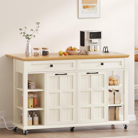 YITAHOME Rolling Kitchen Island with Drop Leaf, 51 Inch Kitchen Cart with Trash Can Cabinet, Americana Center Island with Power Outlet, Mobile Foldable Dining Table with Open Shelves, Off-White