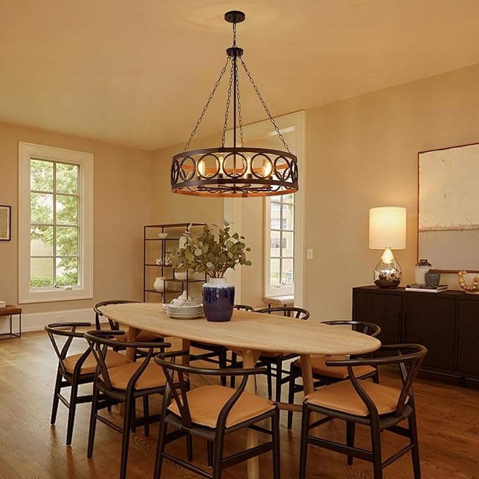 XINGQI 32.3" Large Drum Chandelier Farmhouse Black 8 Light Modern Rustic Pendant Lighting Fixture for Living Room Dining Room Kitchen Island Bar Office