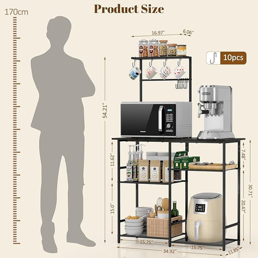 3IngSeagulls Baker's Rack for Kitchen with Storage, Microwave Stand with Adjustable Shelves, Kitchen Stand with 10 S Hooks, 6-Tier Coffee Bar Station, Storage Shelves for Spices, Pots, Gray