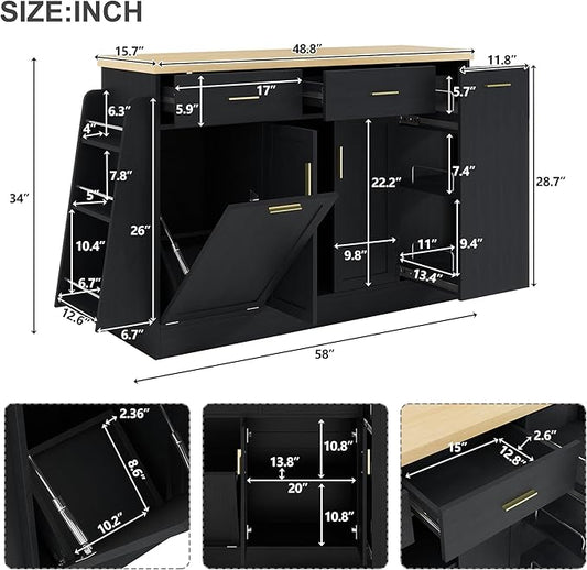 48.8" Multi-Functional Storage Sideboard, Trash Can Storage, Sliding Door Cabinet & 3-Tier Spice Rack,Kitchen Island Table for Kitchen, Dining Room (Black)
