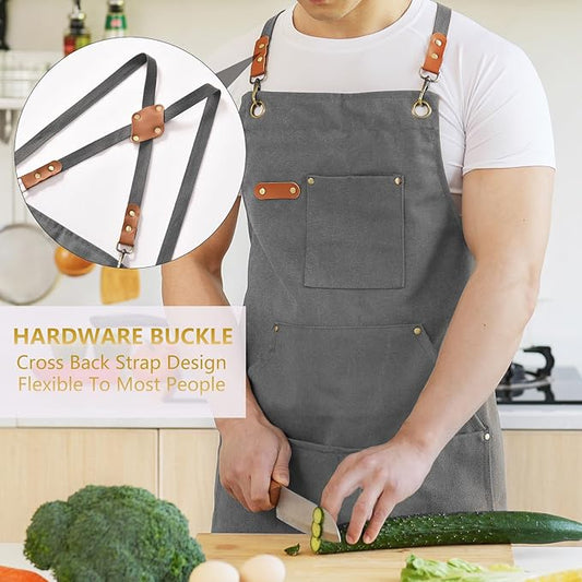 Aoomzoon Canvas Aprons for Men Chef Apron, Work Apron with Large Pockets - 16oz Heavy Duty Cross Back, BBQ, Cooking