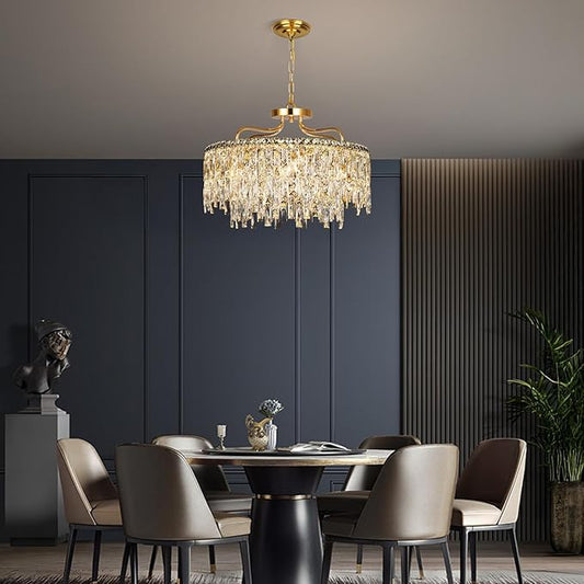 Gold Crystal Chandeliers for Dining Room Light Fixture, 24" Modern Round Chandeliers,8 Lights Luxury Ceiling Pendant Ceiling Lighting for Dining Room Bedroom Entryway Foyer Staircase