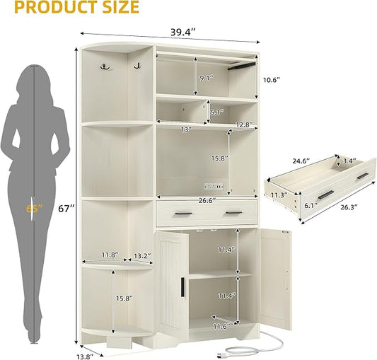 DWVO Kitchen Pantry Cabinet with Drawer, 67" Farmhouse Baker Rack with Power Outlets, Buffet Sideboard w/Microwave Stand, Cupboard Hutch Storage Cabinet for Kitchen, Living Room, Dining Room (White)