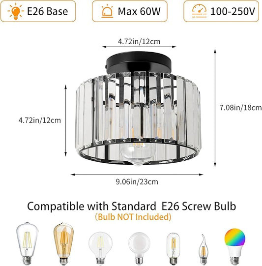 9 Inch Black Crystal Ceiling Light Fixture - Modern Semi-Flush Mount Chandelier with Premium Crystals for Entryway, Dining Room, Bedroom, Kitchen