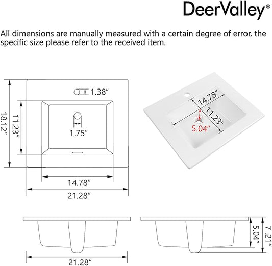 DeerValley Rectangle Drop-In Bathroom Sink 21x18 Inch, White Ceramic Vessel with Overflow and Pre-Drilled Faucet Hole