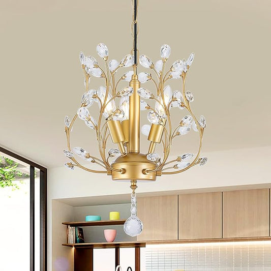 Small Gold Crystal Chandelier, Farmhouse 3-Light Branch Crystal Pendant Light with 47.2'' Adjustable Chain, Vintage 13.8'' Ceiling Hanging Light Fixture for Dining Room, Kitchen, Entryway