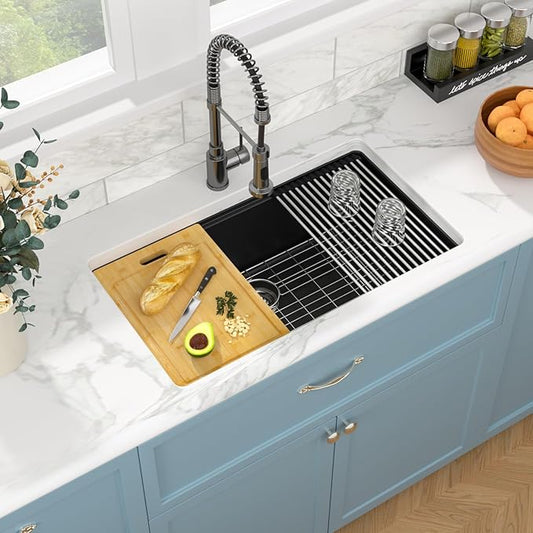 Sarlai 33 Granite Composite Kitchen Sink - 33 x 19 inch Black Undermount Granite Sink Ledge Workstation Matte Black Granite Composite Quartz Single Bowl Under Counter Sinks Basin