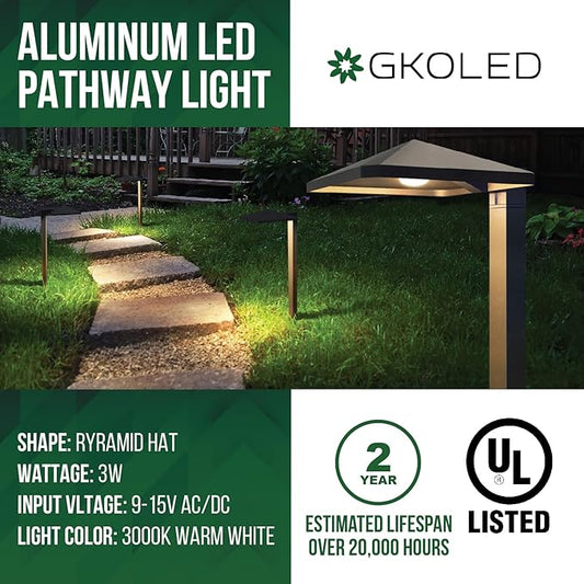GKOLED 6 Pack UL Listed Low Voltage Pathway Lights, 12V 3W 140LM 3000K Waterproof LED Landscape Lighting, for Outdoor Walkway, Sidewalk, Driveway, with Large Stake, Die-cast Aluminum Housing, Black