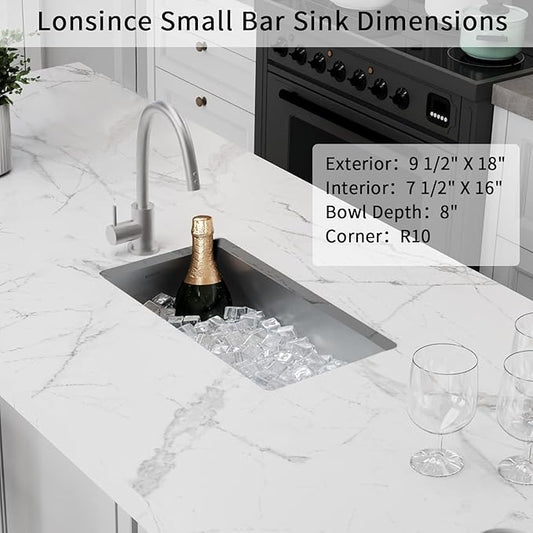 Bar Sink Undermount 9.5 X 18 inch,16 Gauge Stainless Steel Wet Bar Sink with Workstatin,Outdoor Small RV Sinks (9.5" X 18")
