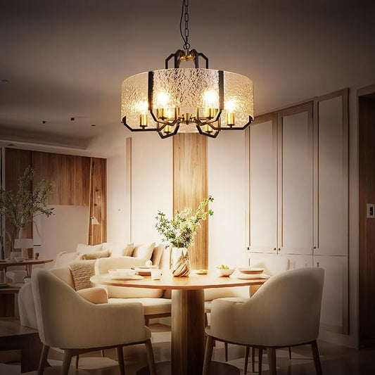 COCOSTAR Modern Glass Drum Chandeliers for Dining Room,6 Lights Farmhouse Crystal Chandelier,24" Vintage Foyer Lighting Fixtures,Black and Gold Pendant Lights for Kitchen Island,Bedroom,Living Room