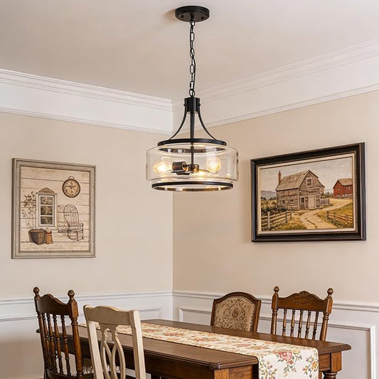 15.7 Inch Glass Drum Dining Room Light Fixture Over Table, Modern Black Chandeliers for Dining Room, Drum Pendant Light for Kitchen,Entryway,Living Room