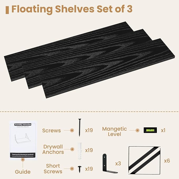 Heimlove Floating Book Shelves for Wall,35.4 Inches Long Wall Mounted Bookshelves,Heavy Duty Bracket Shelves for Living Room Kitchen,Laundry Room Storage & Decor,Set of 3,Black