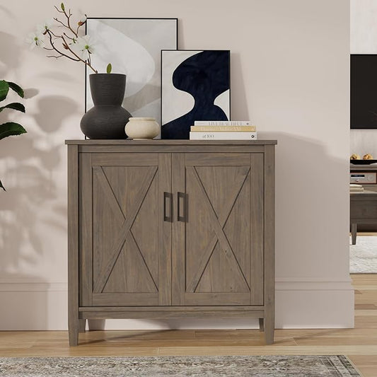 SIMPLIHOME Ela Storage Cabinet - 32 inch Wide Solid Wood 2-Shelf Low Storage Cabinet in Smoky Brown, Transitional Accent Cabinet for Entryway or Living Room with Shaker Style Doors and Shelves