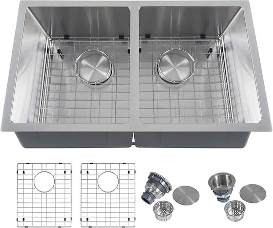 Kitsitchen 31 Inch Double Bowl Undermount Kitchen Sink,16 Gauge T-304S Stainless Steel Kitchen Sink with Drain Strainers & Grids,31" x 18" x 9" Large and Deep Kitchen Sinks,50/50 Design